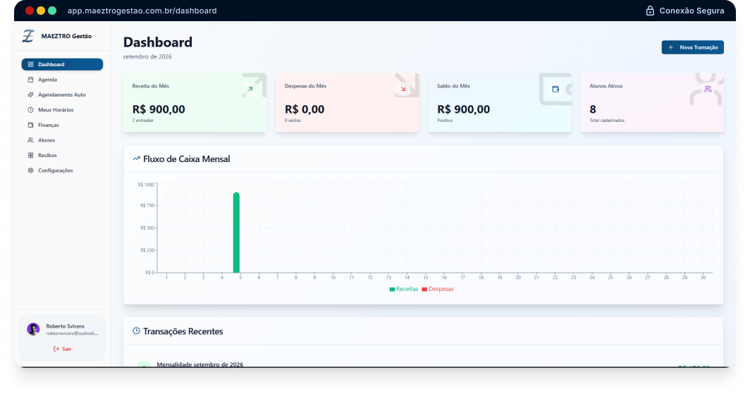 Interface do MAEZTRO Gestão para professores de música
